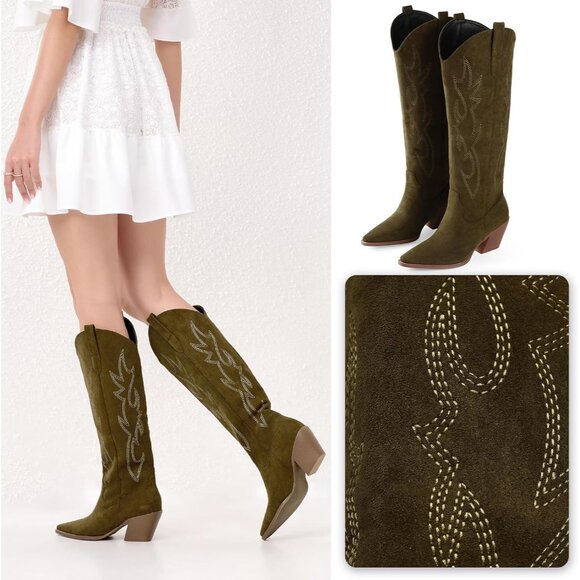 Women Faux Leather Olive Calf High Embroidered Pointed Toe Block Heel Boot - Picture 3 of 5